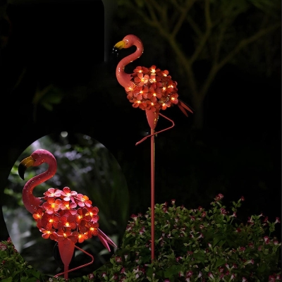 Set of 2 Metal Pink Flamingo Solar Stake Lights with 30 Warm White LED Bulbs for Elegant Outdoor Ambiance in Gardens and Pathways
