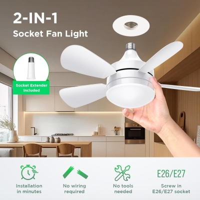 Socket Remote Control Ceiling Fan and Light, Socket Fan Light with Dimmable LED Light, Small Ceiling Fan for Bedroom Living Room Kitchen Garage
