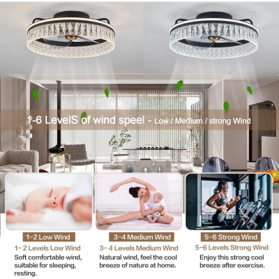 20 in. LED Dimmable Bladeless Ceiling Fan with Light and Remote Control, Crystal Low Profile Ceiling Fan, Flush Mount Enclosed Ceiling Fan