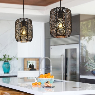 Set of 2 Black Hollow Lantern Pendant Light, Vintage Farmhouse Retro Pendant Lighting for Kitchen Island Dining Room Bedroom Hallway