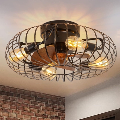 21 in. Low Profile Ceiling Fan with Light Remote Control, Caged Bladeless Ceiling Fan with Light, Industrial Flush Mount Enclosed Ceiling Fan
