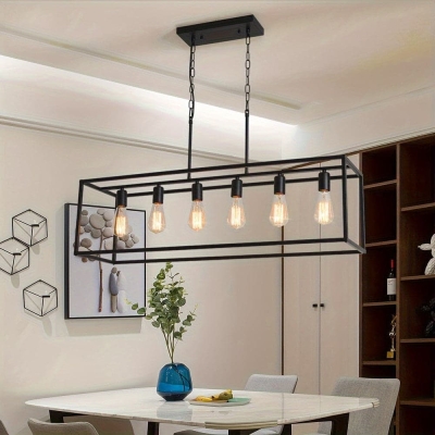 6-Light Rectangle Pendant Light, Modern Black Linear Pendant Light with Industrial Cage for Kitchen Island Dining Room Living Room Bar Restaurant