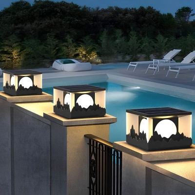 Durable Stainless Steel Solar Post Lights with Mountain Scenery Pattern for Outdoor Landscape, Garden, and Commercial Use, Auto On/Off
