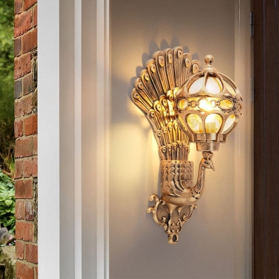 Vintage Peacock-Shaped Outdoor Wall Light, Rustproof &amp; Waterproof Die-Cast Aluminum with Hand-Painted Glass Lampshade, Available in Colored, Bronze, Black