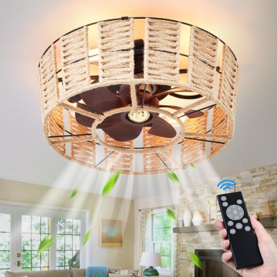 Low Profile Enclosed Caged Ceiling Fan with Lights and Remote, Boho Flush Mount Rattan Ceiling Fan, Reversible Ceiling Fan Winter Summer