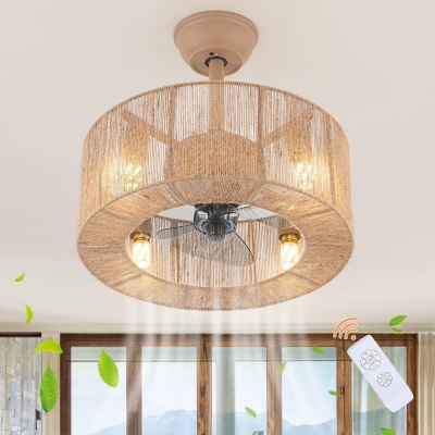 Boho Hemp Rope Weaving Caged Ceiling Fan with Light Remote, Farmhouse Enclosed Reversible Ceiling Fan Summer Winter for Living Room Bedroom Dining Room