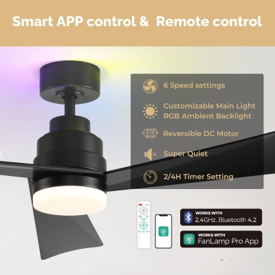 52 in. Black Contemporary Ceiling Fans with Lights and Remote Control, Dimmable RGB Ceiling Fan for Bedroom Living Room