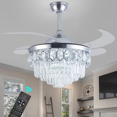 42 in. Modern Crystal Ceiling Fan with Lights and Remote, Silent Retractable Chandelier Fan, Dimmable Fandelier for Bedroom Living Room Dining Room