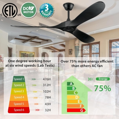 60 in. Black Big Contemporary Indoor Outdoor Wood Ceiling Fans for Living Room Bedroom Office Garage, Solid Wood Ceiling Fan without Lights