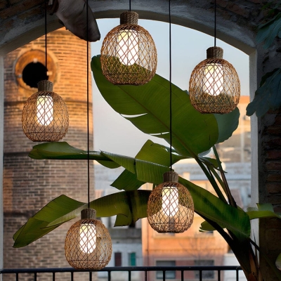 Rustic Iron and Rattan Outdoor Pendant Light, Waterproof, Adjustable Hanging Lantern for Trees, Pergolas, Gazebos, Porches, and Gardens