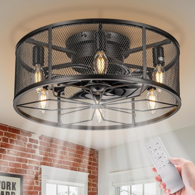18 in. Black Flush Mount Farmhouse Rustic Industrial Ceiling Fan with Light Remote, Low Profile Bladeless Caged Enclosed Ceiling Fan Lights Fixture