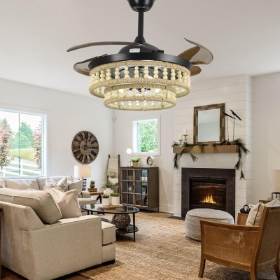 48 in. Boho Caged Ceiling Fan with Light, Farmhouse Wood Beads Ceiling Fan with Light, Flush Mount Ceiling Fan for Bedroom Living Room