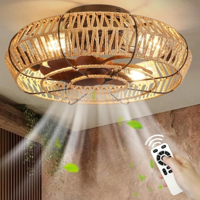 Caged Low Ceiling Fan with Light and Remote, Boho Farmhouse Rattan Ceiling Fan, Enclosed Ceiling Fan, Fandelier for Bedroom Dining Room Living Room Kitchen