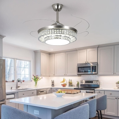 48 in. Modern Retractable Flush Mount Low Profile Bladeless Chandelier Ceiling Fan with Remote for Living Room, Crystal Ceiling Fandelier with Light