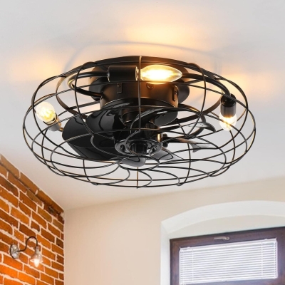 Caged Enclosed Low Ceiling Fan, Bladeless Ceiling Fan with Light and Remote Control, Industrial Fandelier Flush Mount