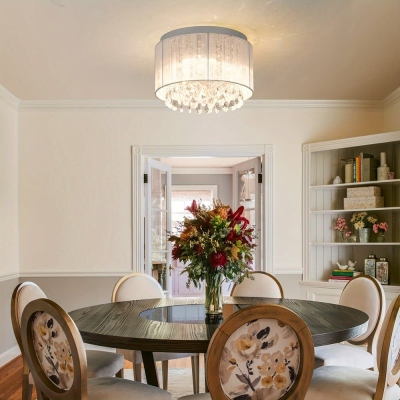White Small Drum Shaped Flush Mount Light, Flush Mount Crystal Chandelier for Dining Room Living Room Foyer Bedroom Entrance