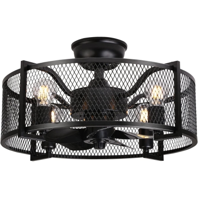 20 in. Farmhouse Flush Mount Ceiling Fan with Light Fixture, Caged Ceiling Fan with Lights and Remote, Enclosed Ceiling Fandelier for Bedroom Kitchen