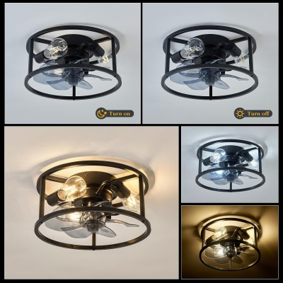 Flush Mount Remote Control Ceiling Fan and Light, Black Caged Low Profile Ceiling Fan, Metal Blade Fan for Dining Room Bedroom Kitchen Living Room