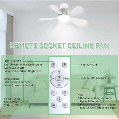 White Socket Fan Light with Remote, Screw In Ceiling Fans with Lights, Silent Ceiling Fan for Bedroom Living Room Kitchen Dining Room, Garage Ceiling Fan