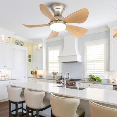30 in. Nickel Wood Small Outdoor Ceiling Fan with Light Remote, Indoor Flush Mount Outdoor Ceiling Fan, 5 Reversible Blades Low Profile Ceiling Fan Light