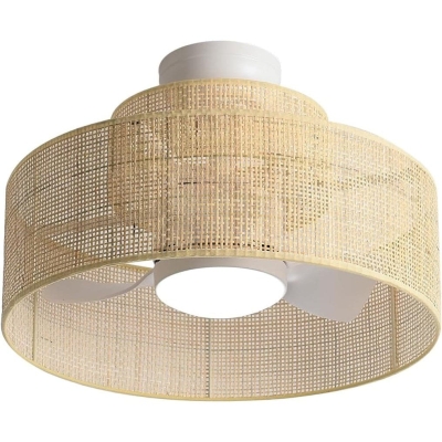 Caged Bamboo Ceiling Fan with Light and Remote, Drum Shaped Rattan Wicker Fandelier for Bedroom, 3 Blade Ceiling Fan Light Fixture for Kitchen
