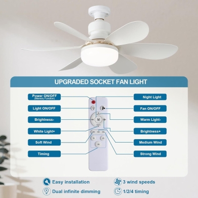 20 in. Light Socket Fan with Lights and Remote, Dimmable LED Cordless Light Socket Fan for Kitchen Bedroom Garage Small Room