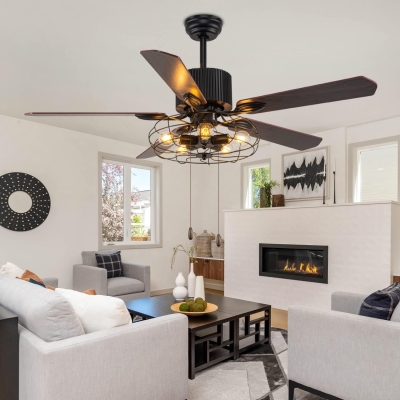 52 in. Farmhouse Caged Ceiling Fan with Light and Remote Pull Chain, Black Industrial Rustic Chandelier Fan for Bedroom Living Room Dining Room