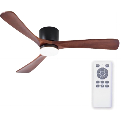 52 in. Modern Low Profile Flush Mount Ceiling Fan and Light Remote Control, Matte Black Walnut Wood Ceiling Fan, 3 Blades Reversible Quiet Ceiling Fan