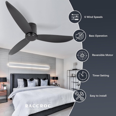 52 in. Flush Mount Ceiling Fan NO Light, Reversible Remote Control Ceiling Fans, Black 3 Blade Ceiling Fan