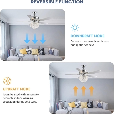 Chrome Crystal Ceiling Fan, Modern Fan with Light Chandelier with Remote, Reversible Ceiling Fan Light Fixture for Bedroom Dining Room