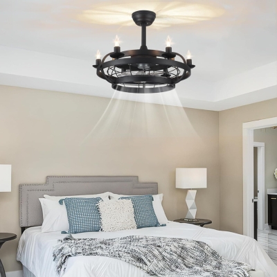 Black Caged Ceiling Fan with Light, Farmhouse Industrial Bladeless Ceiling Fan with Remote, Modern Fan Light Fixture for Bedroom Kitchen Dining Room