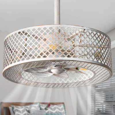White Retro Fandelier Ceiling Fan with Lights, Small Caged Remote Ceiling Fan with Light, Farmhouse Ceiling Fan for Living Room Kitchen