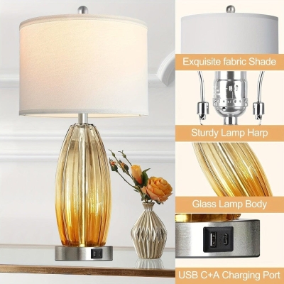 Set of 2 Contemporary Coastal Table Lamp Desk Lamp with USB Ports, Champagne Glass LED Bedside Lamp for Living Room Bedroom Nightstand Side Table End Table
