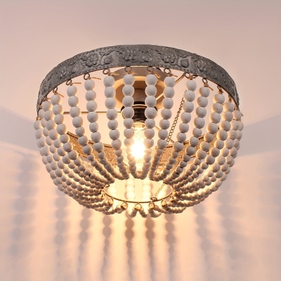 Bohemia Wood Beaded Flush Mount Ceiling Light Chandelier, Oak White Rustic Flush Mount Ceiling Light Fixture for Hallway Bedroom Kitchen Living Room
