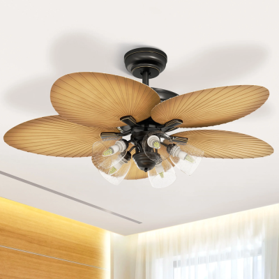52 in.Tropical Palm Leaf Ceiling Fan with Light Kit Remote Wall Control Switch, Silent Reversible Ceiling Fan Fanlight with Clear Seeded Glass Light Kit
