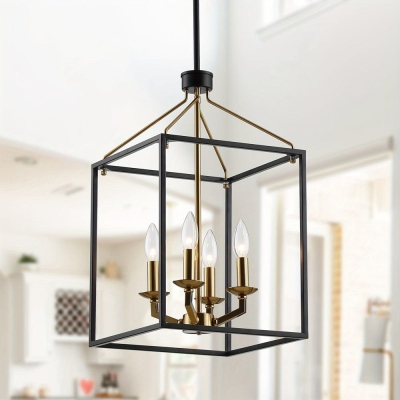4-Light Modern Matte Black Gold Pendant Light with Cage, Contemporary Hanging Pendant Light for Living Room Dining Room
