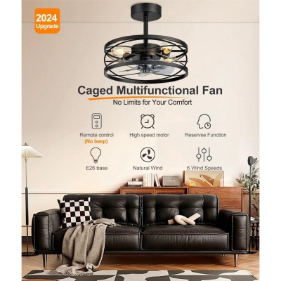 17 in. Matte Black Remote Control Fan, Caged Ceiling Fan with Light and Remote, Bladeless Industrial Ceiling Fan, Farmhouse Style Ceiling Fans with Lights