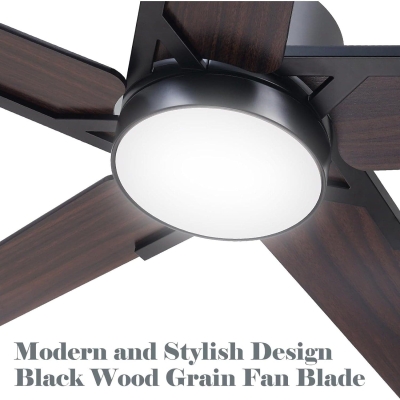 52 in. Black Modern Ceiling Fan with Light and Remote Control, Walnut Wood Ceiling Fan for Bedroom Living Room, Outdoor Fan for Patio