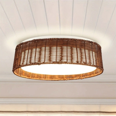 Round LED Flush Mount Ceiling Light with Rattan Shade
