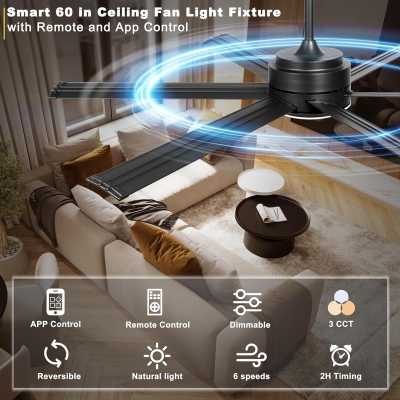 60 in. Black Outdoor Ceiling Fan with Light, Indoor Industrial Ceiling Fans with Remote APP Control, High End Ceiling Fans for Living Room Patio