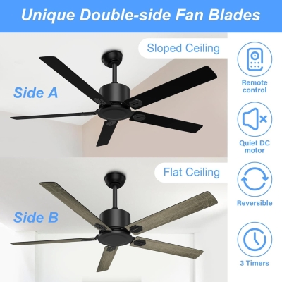 52 in. Reversible Ceiling Fan NO Light, Modern Remote Control Fan, Black Ceiling Fan for Kitchen Living Room, Outdoor Fan for Patio