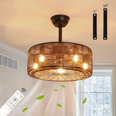 Boho Rattan Ceiling Fan with Light, Small Caged Ceiling Fan with Remote, Farmhouse Flush Mount Ceiling Fan for Bedroom Kitchen Living Room Dining Room