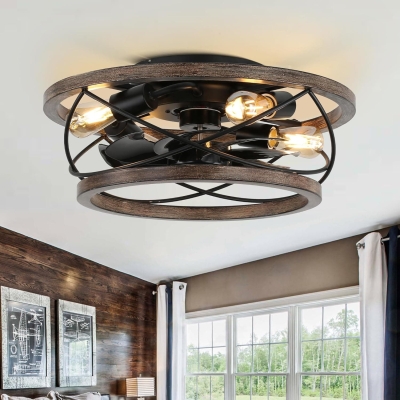 Caged Ceiling Fan with Lights, Low Profile Flush Mount Ceiling Fan with Lights, Farmhouse Industrial Ceiling Fans for Bedroom Living Room Dining Room