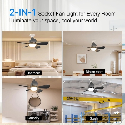 Black Socket Fan Light, Small Ceiling Fan with Lights and Remote, Dimmable LED Socket Ceiling Fan for Bedroom Kitchen Living Room Closet Garage