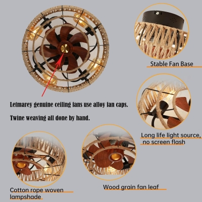 20 in. Industrial Low Profile Flush Mount Bladeless Ceiling Fan with Light and Remote, Reversible Boho Enclosed Caged Ceiling Fans