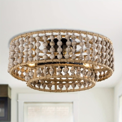 3-Light Wood Flush Mount Light, Low Profile Round Boho Style Flush Mount Light, Wood Beaded Flush Mount Light