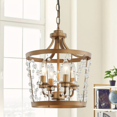 4-Light Rustic Crystal Hanging Light, Dimmable Drum Shaped Crystal Pendant Light for Kitchen Island