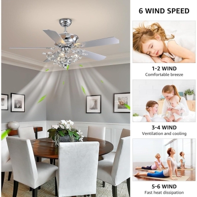 50 in. Chrome Crystal Ceiling Fan with Lights, Vintage Ceiling Fans Chandelier with Remote, 5 Reversible Wood Blades Fandelier for Bedroom Living Room