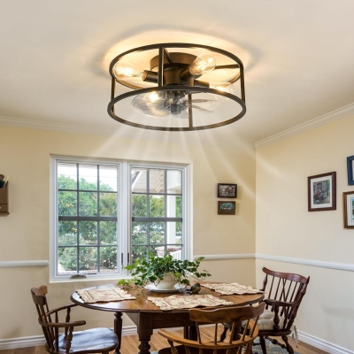 Black Flush Mount Caged Ceiling Fan with Light and Remote Control, Industrial Metal Blade Low Profile Fan for Dining Room Bedroom Kitchen Living Room
