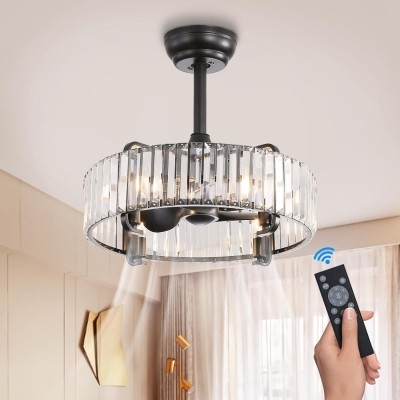 Flush Mount Chandelier Fan with Remote Control, Black Modern Crystal Caged Ceiling Fan for Living Room Bedroom